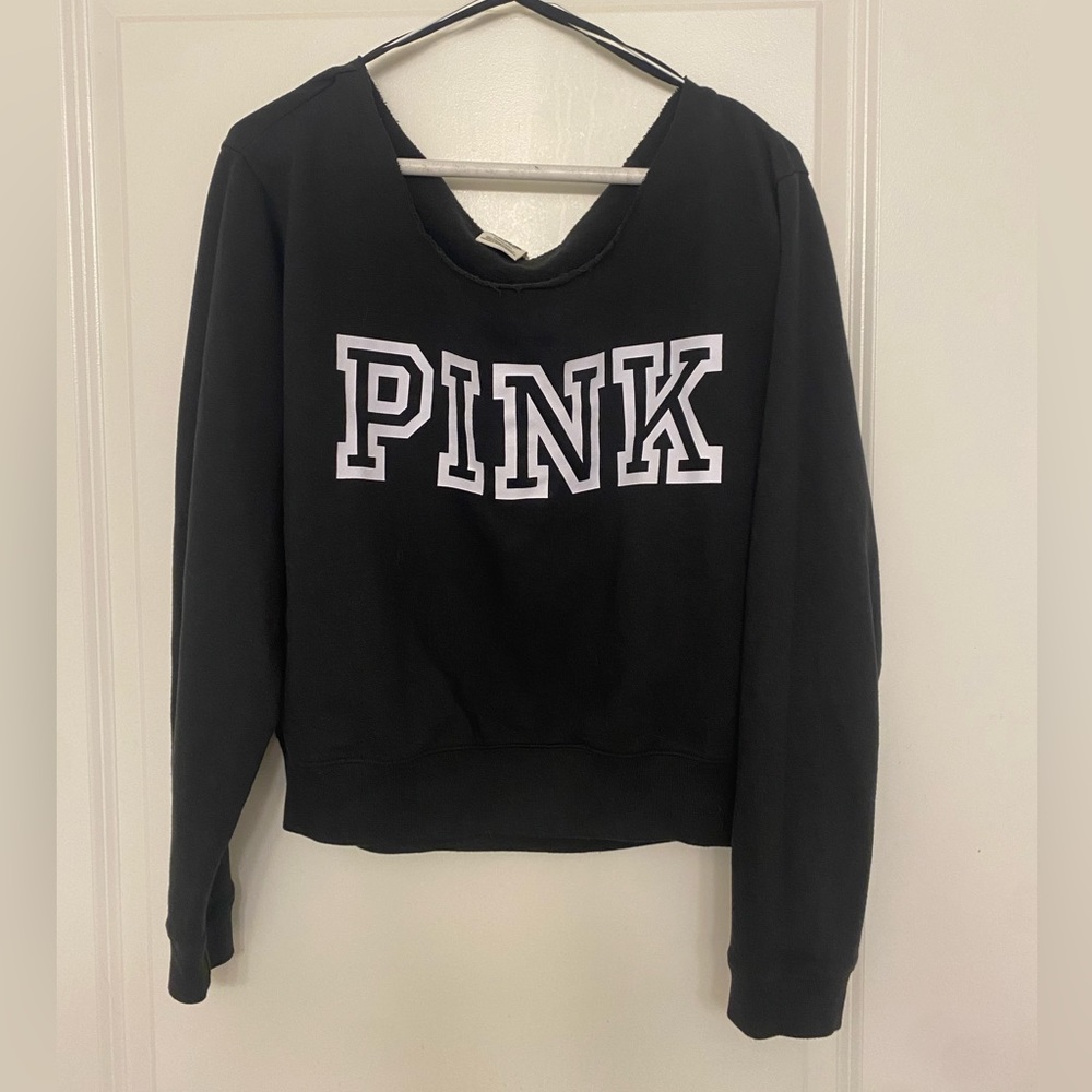 Victoria's Secret PINK Off-Shoulder Crop Sweatshirt Top Black, Large, Raw edge